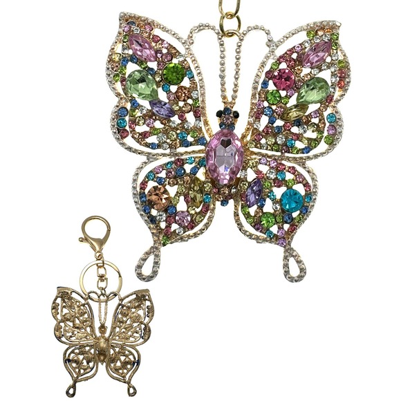 Intricate Pastel Butterfly Keychain Rhinestones & Gift Bag, Purse Jewelry, 5"L - Picture 5 of 5